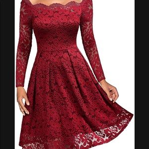 XL Maroon Lace long Sleeve Boat Neck Swing Cocktail Dress.